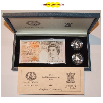1992 £10 note and Silver Proof 10p Two-Coin Set